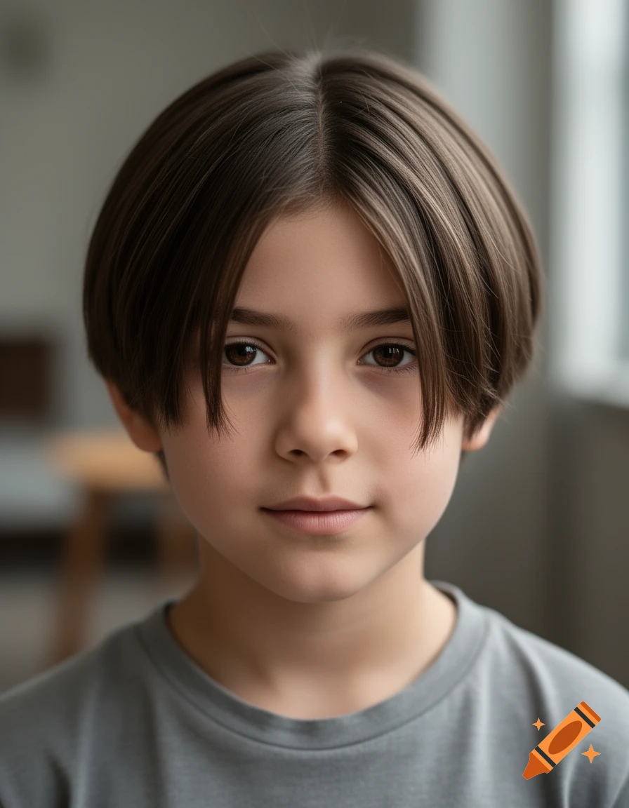 Photorealistic close-up portrait of a young boy with brown hair and a curtain cut hairstyle wearing a grey t-shirt.