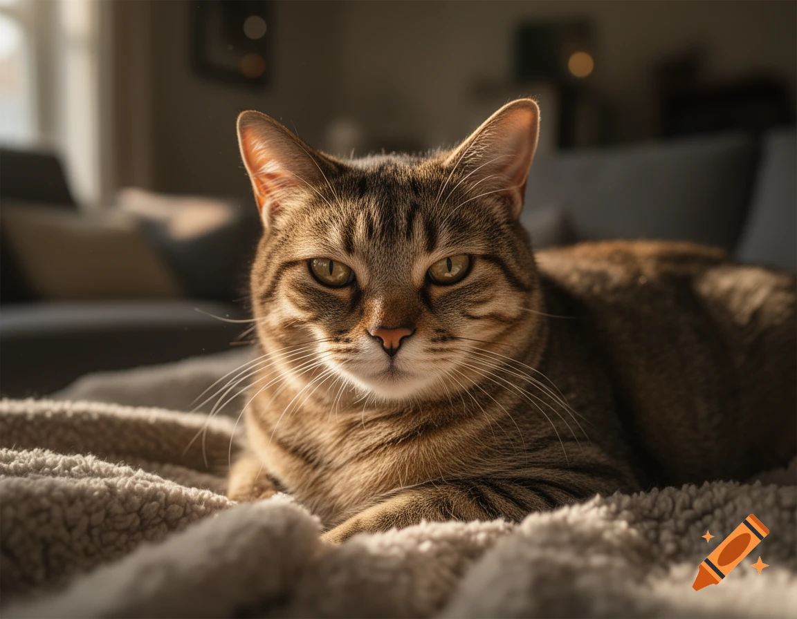 Photorealistic close-up of a tabby cat lying on a fluffy blanket in a brightly lit living room.