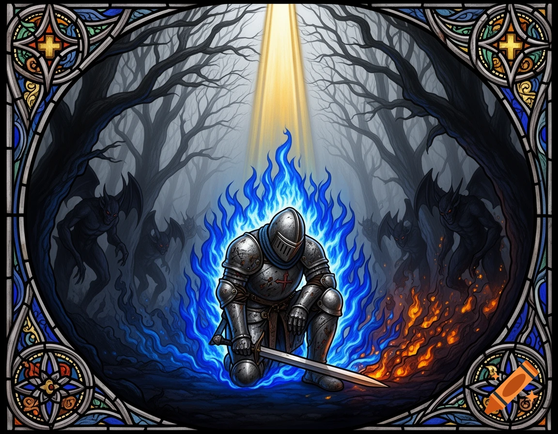 A lone knight in armor kneeling with a blue flame aura, surrounded by demons in a dark forest, in the style of stained glass.