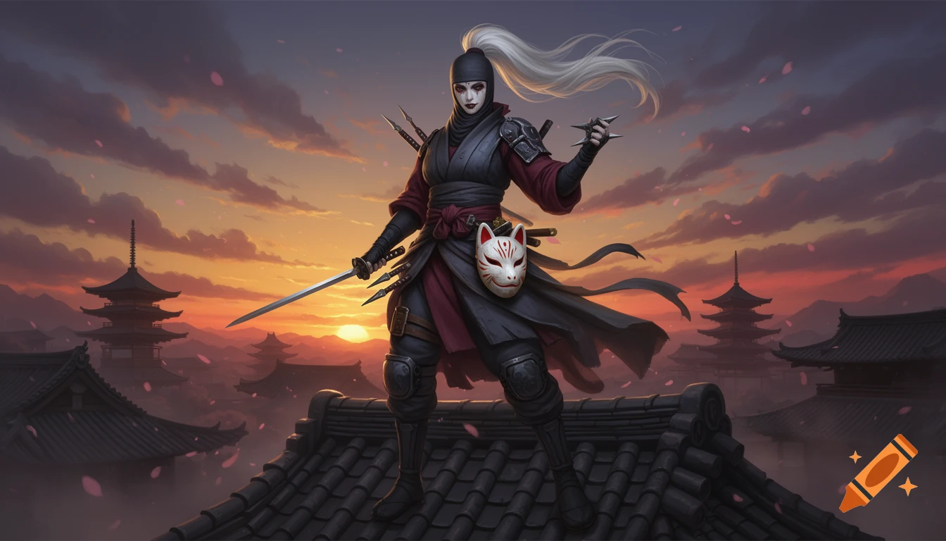 Digital illustration of a female ninja in dark garb with a white ponytail standing on a traditional Japanese rooftop at sunset.