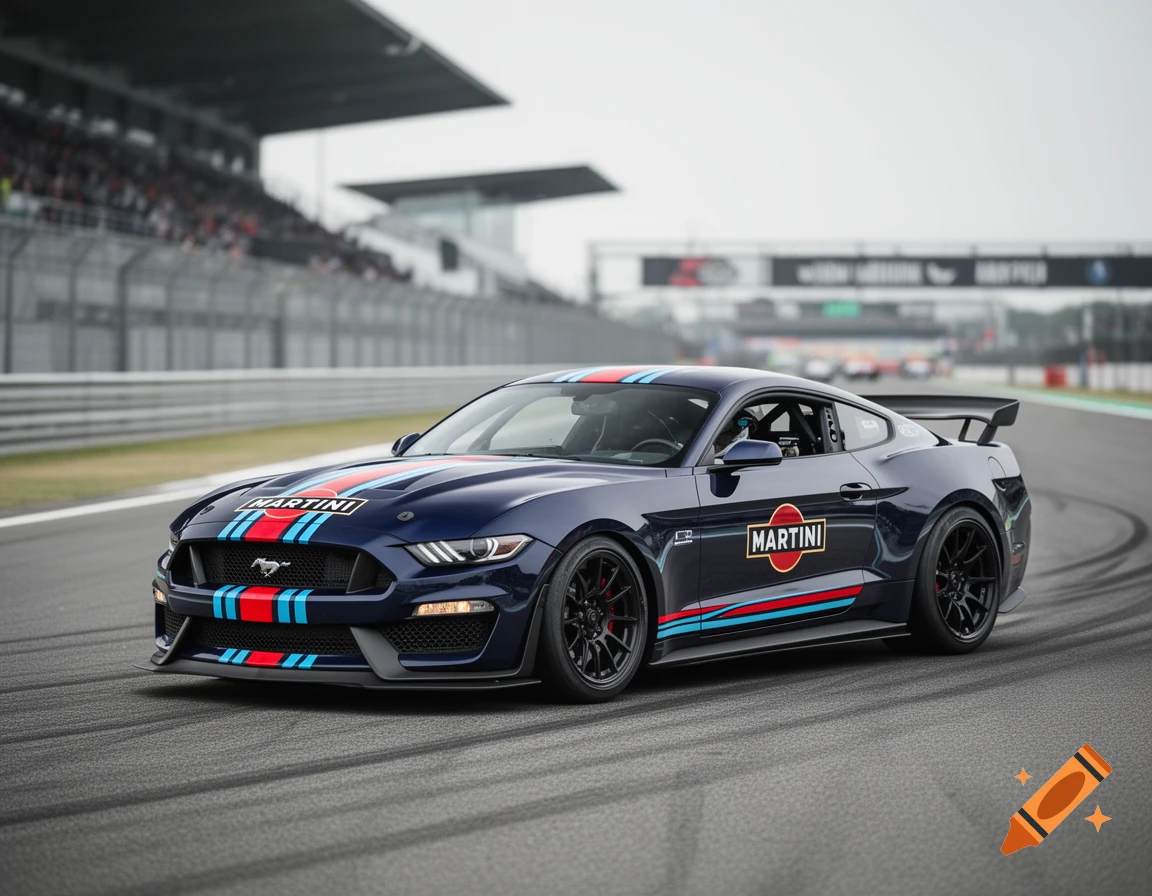 Dark blue Ford Mustang racing car with Martini livery driving on a racetrack, photorealistic.
