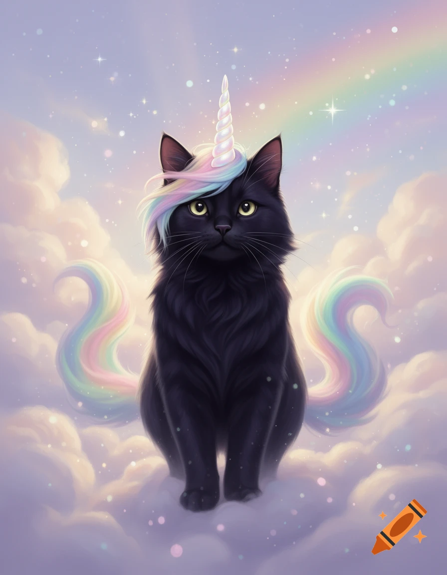 Digital illustration of a fluffy black cat with a rainbow unicorn horn and tail sitting among pastel clouds and stars.