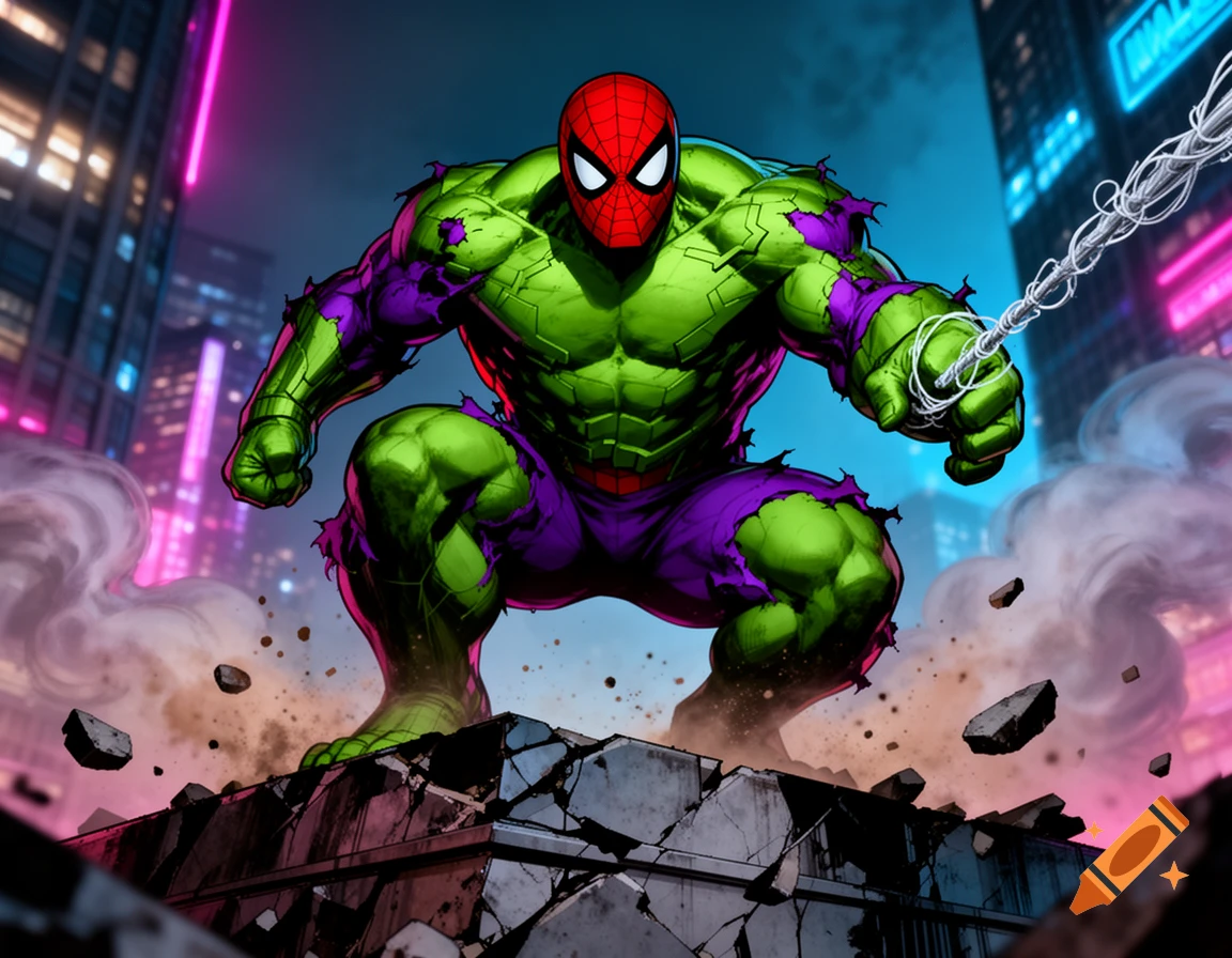 Comic book style illustration of a muscular character wearing a fusion of Spider-Man's mask and Hulk's physique, crouching on a shattered rooftop against a neon city backdrop.