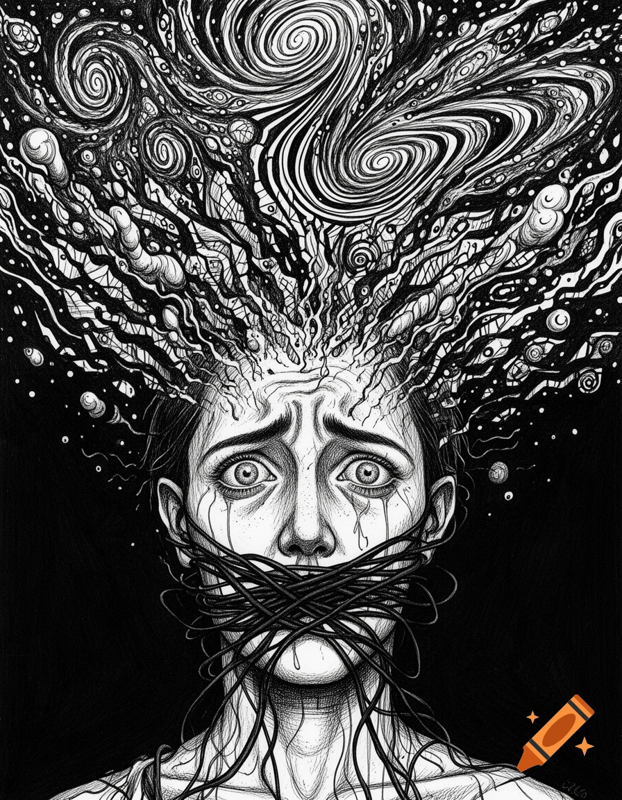 Black and white surrealist line drawing of a person with a mouth bound by tangled threads and a swirling cosmic universe erupting from their head.