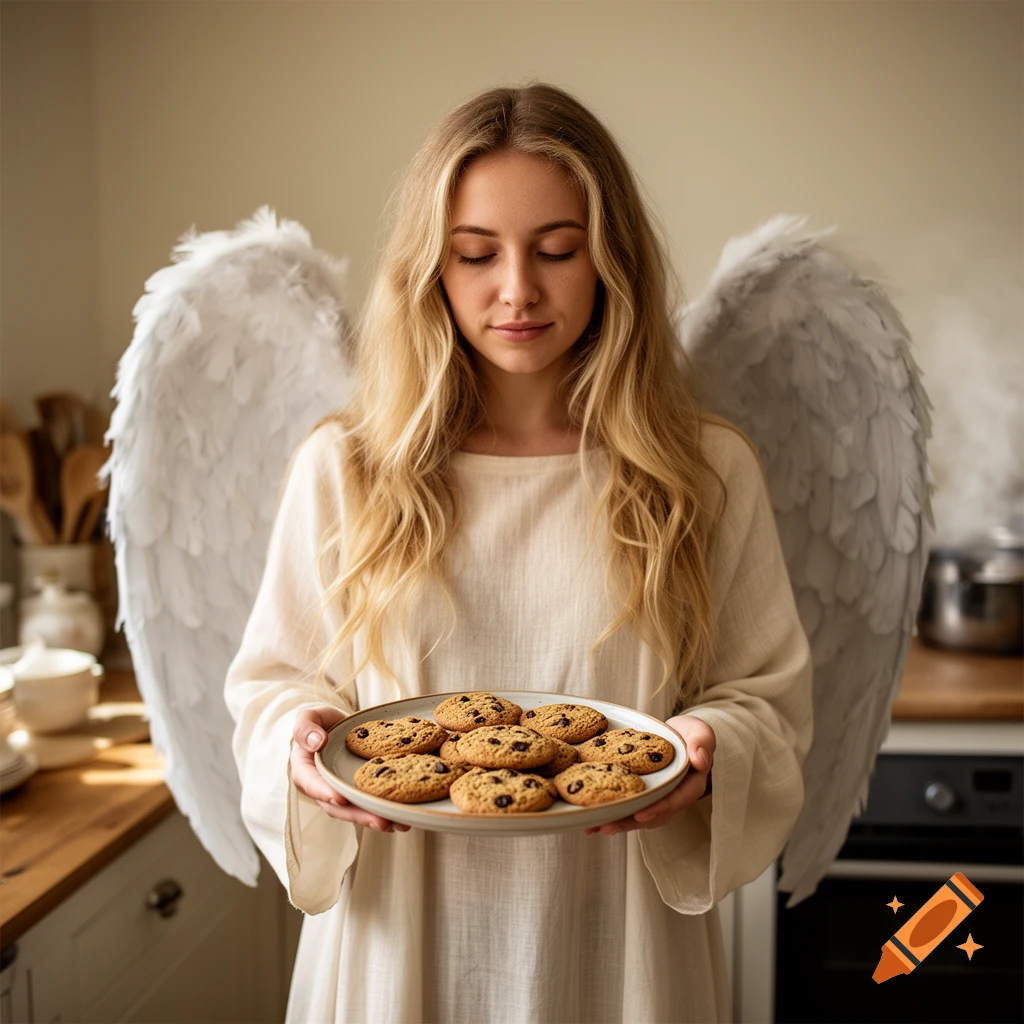 Photorealistic image of a blonde angel with white wings holding a plate of chocolate chip cookies in a kitchen.