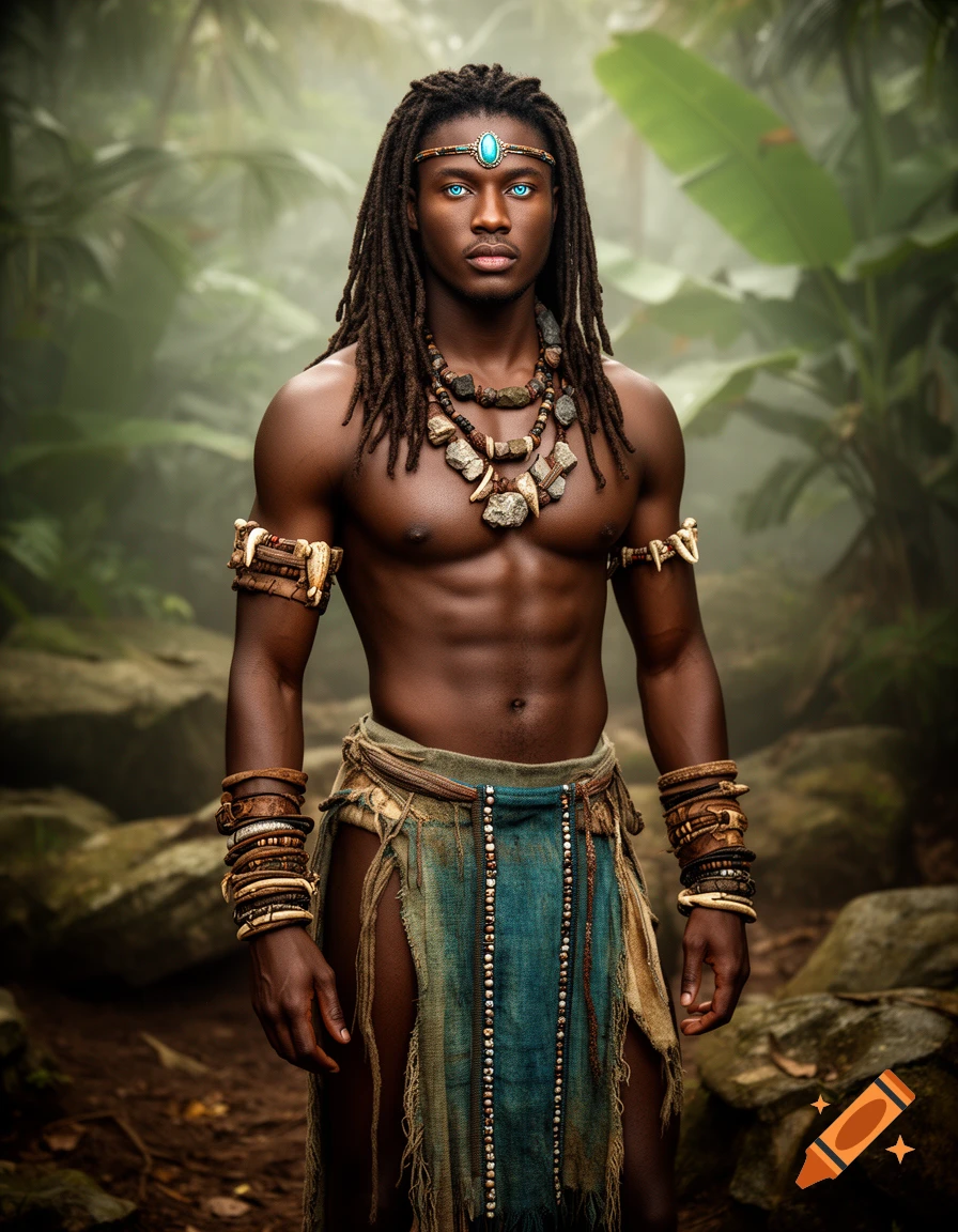 Photorealistic portrait of a tall dark-skinned man with long dreadlocks, glowing blue eyes, tribal jewelry, and a loincloth in a jungle setting.