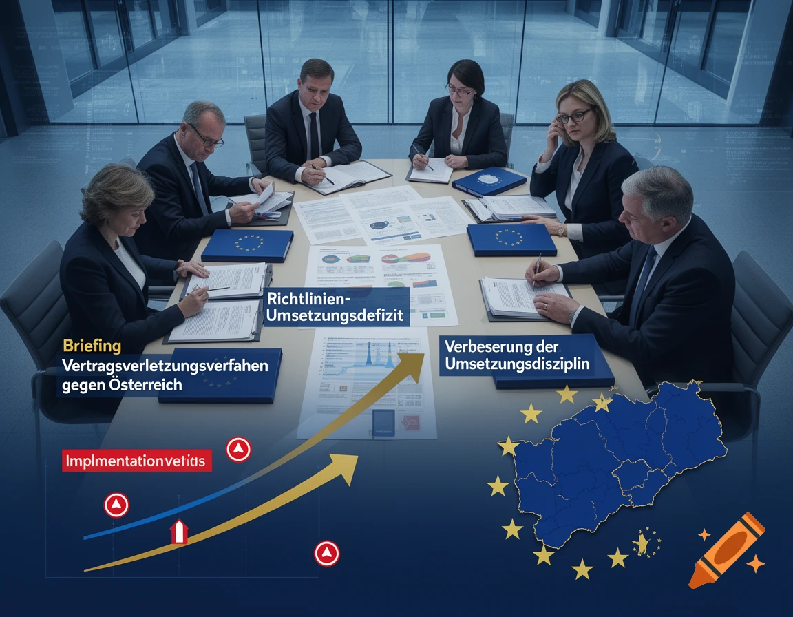 A corporate board meeting around a conference table with documents, a European Union map, and graphs.