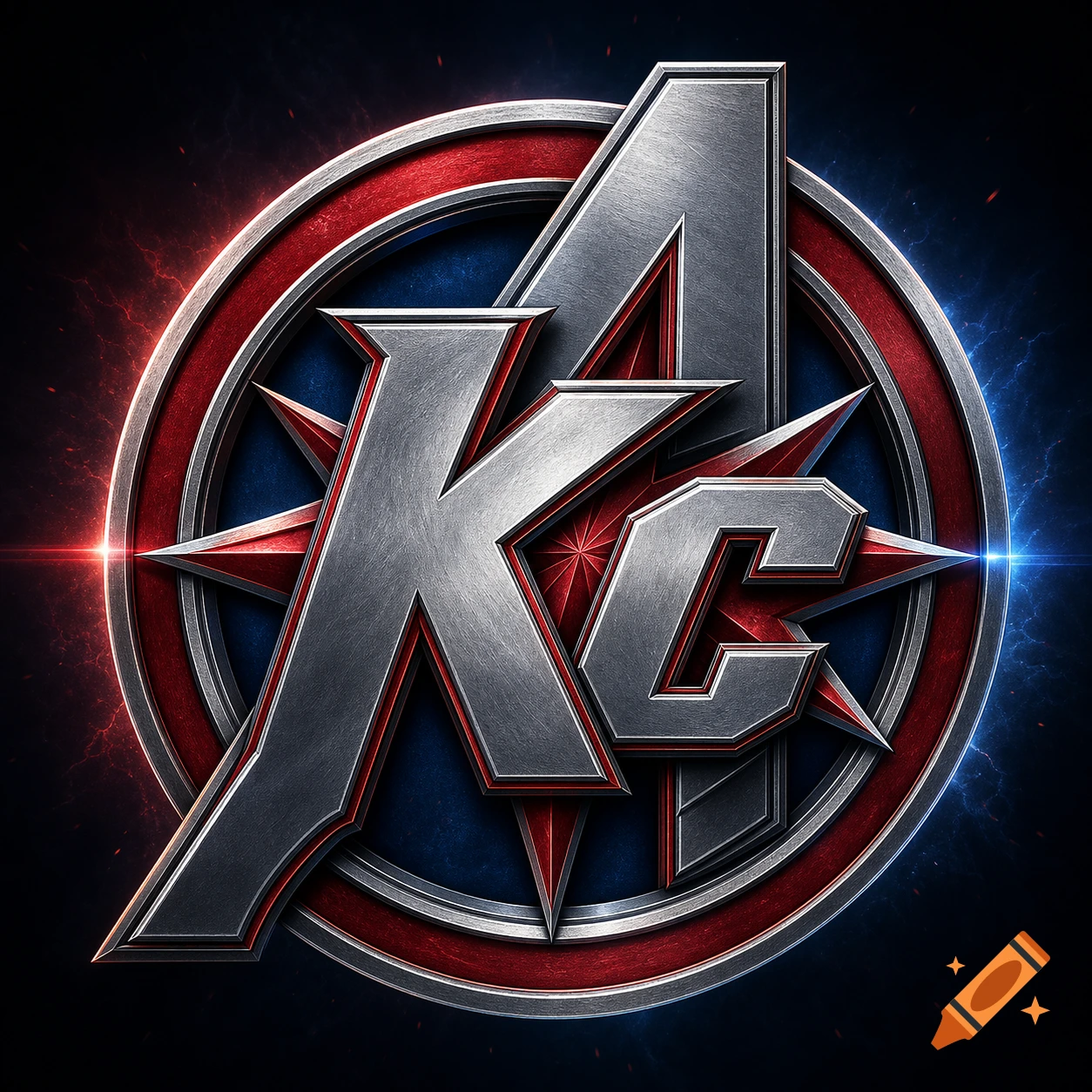 Metallic Avengers-style logo featuring the letters KC in silver with red and blue circular shield background.
