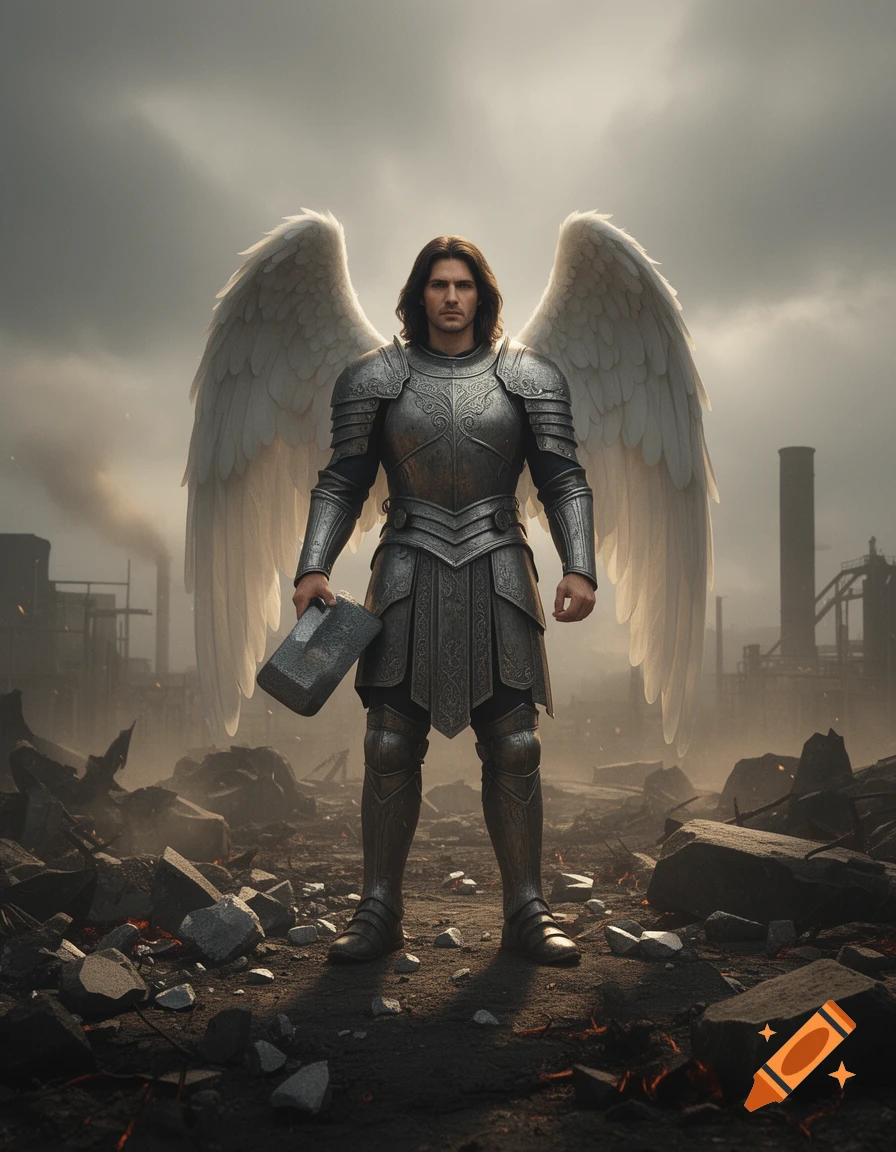 Photorealistic depiction of an angel with large white feathered wings wearing detailed steel armor and holding a hammer amid a war-torn landscape.