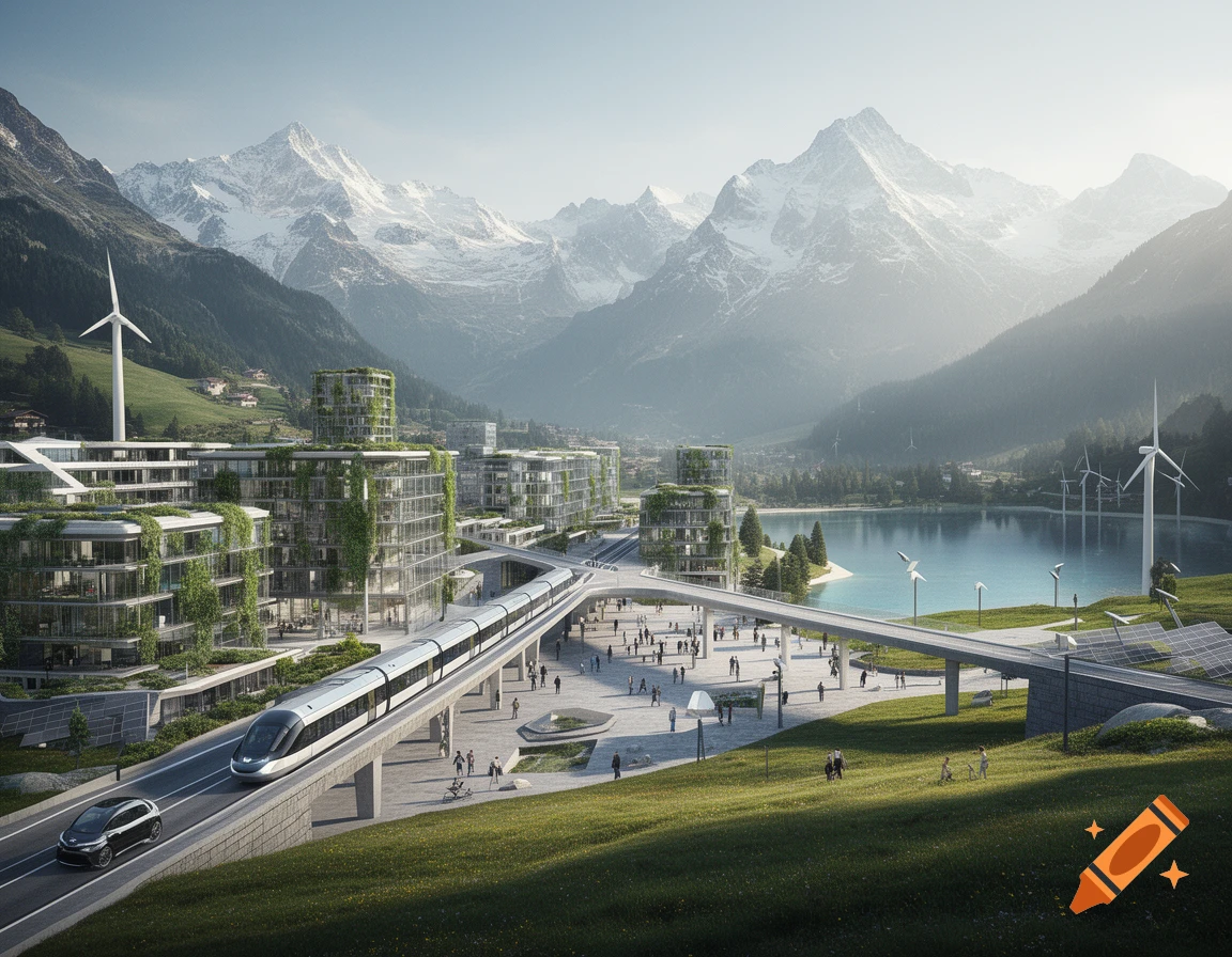 Futuristic eco-city with modern architecture and a monorail nestled in a snowy mountain valley with a lake.