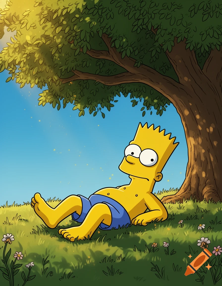 Bart Simpson laying barefoot in the grass under a large tree, cartoon style.