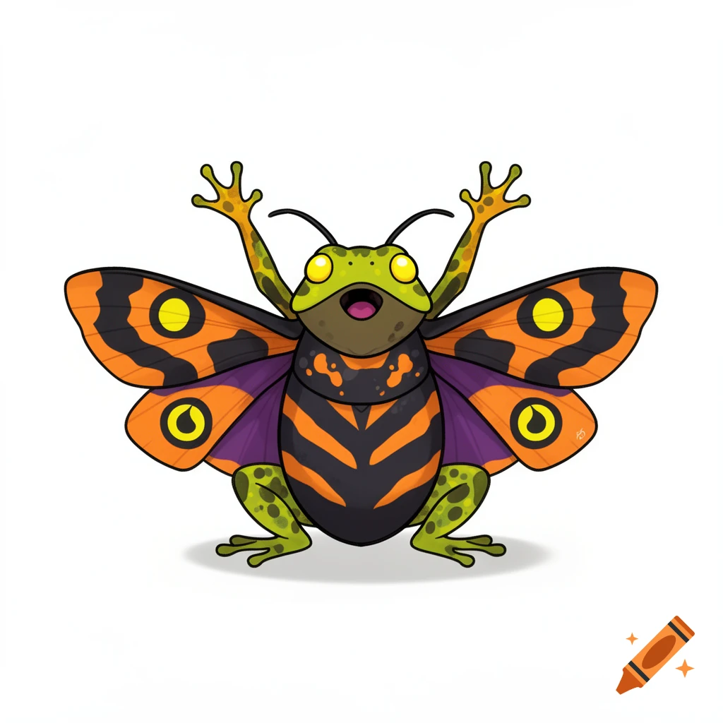 Illustration of a fictional creature combining features of a frog and a butterfly with orange and black patterned wings.