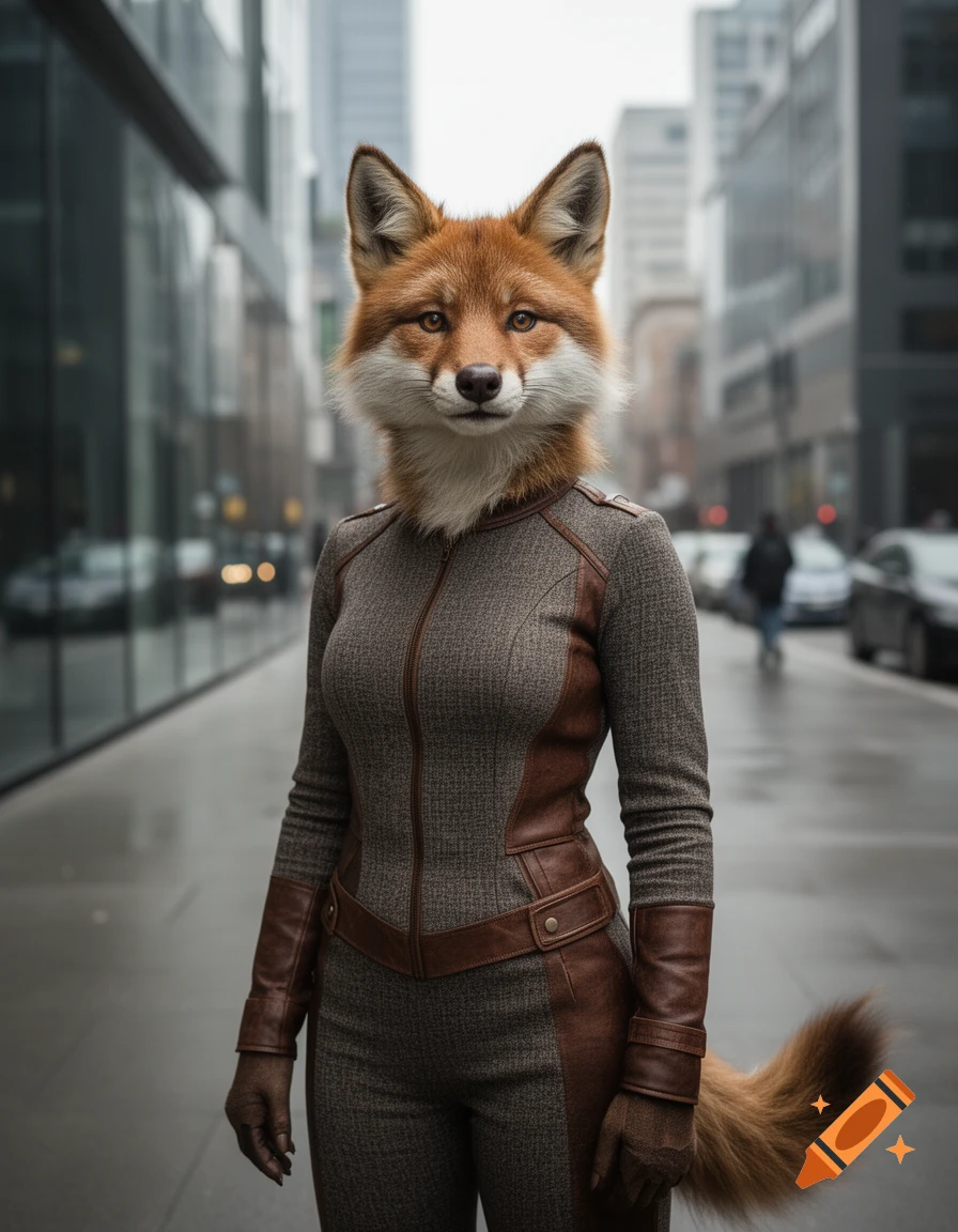 Photorealistic portrait of an anthropomorphic female fox with a humanlike body wearing a brown and grey jacket standing on a city street.
