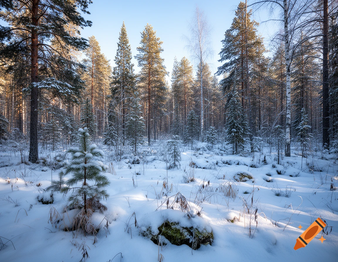 Photorealistic view of a snowy pine forest in winter during a sunny day.