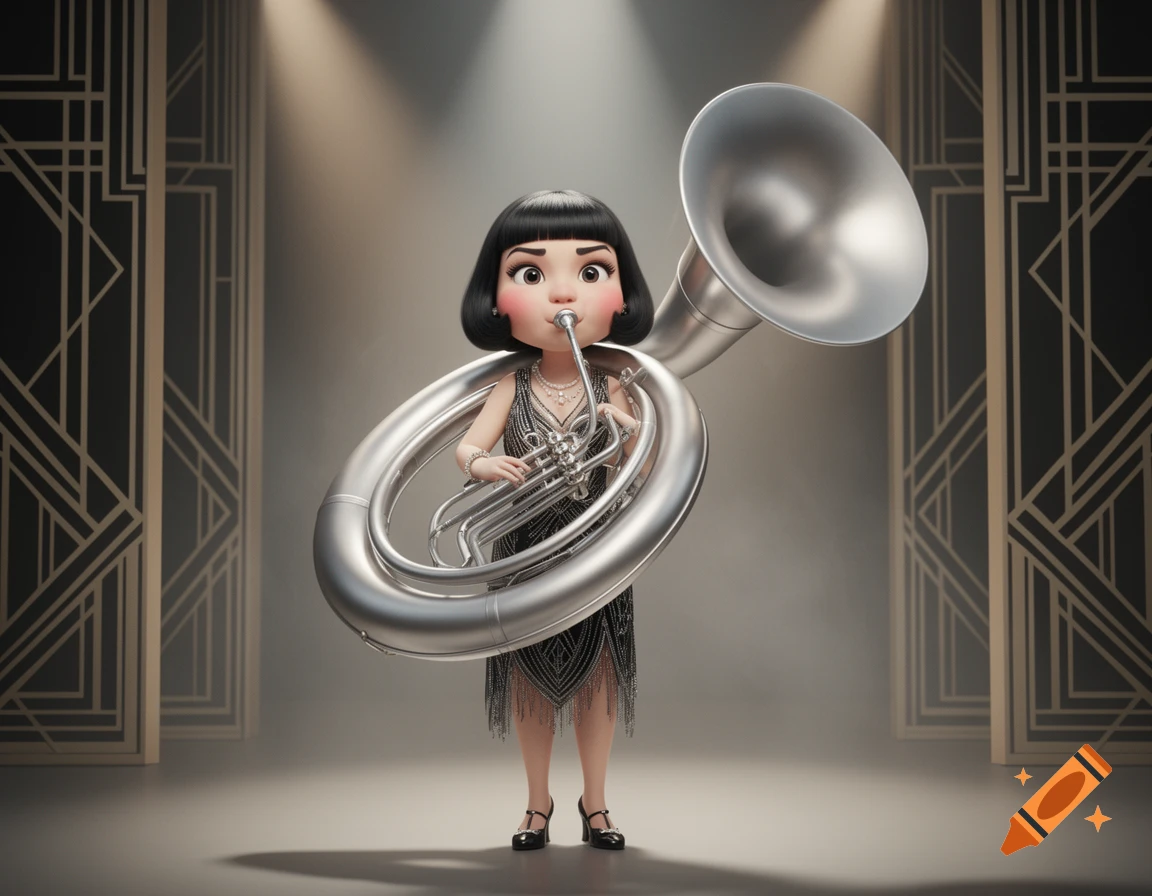 3D render of a stylized woman with a bob cut playing a large silver sousaphone in front of an art deco background.