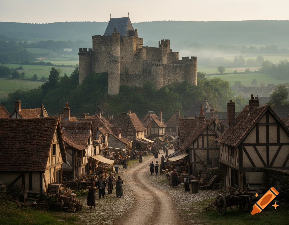 Photorealistic view of a medieval village with a large stone castle on a hill in the background, under an overcast sky.