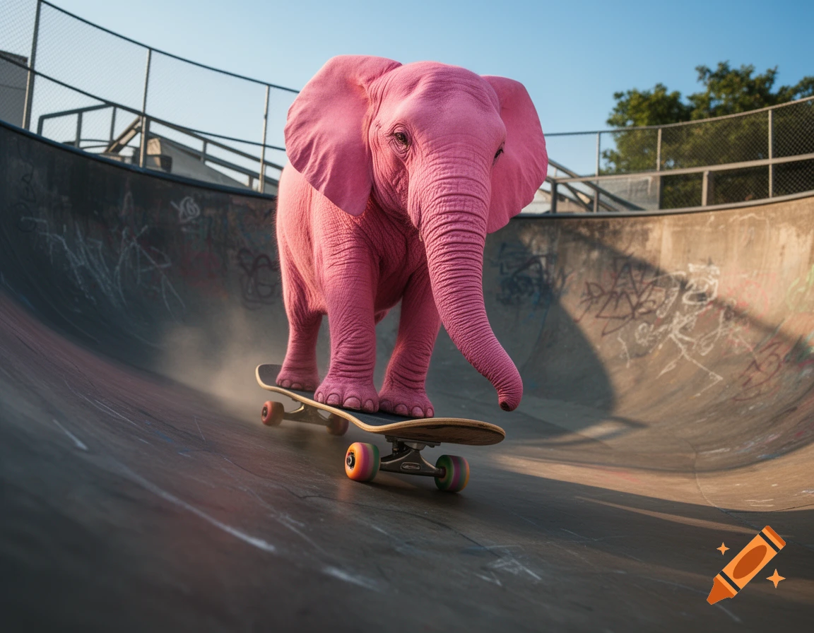 Photorealistic image of a pink elephant skateboarding in a concrete halfpipe bowl.