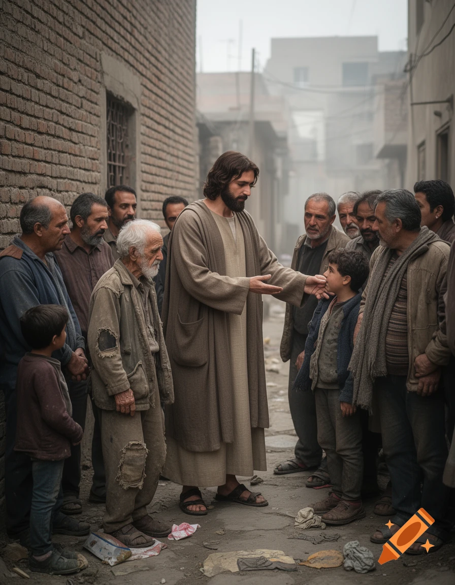 Photorealistic scene of Jesus standing in a narrow alleyway, interacting with impoverished people and children.