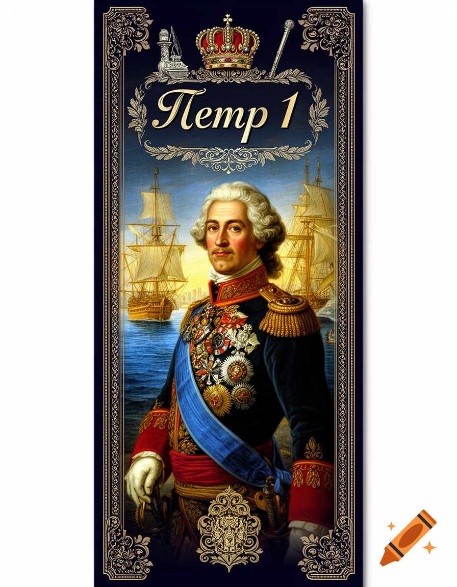 Decorative portrait of Peter the Great in military uniform with ships in the background, designed as a bookmark.