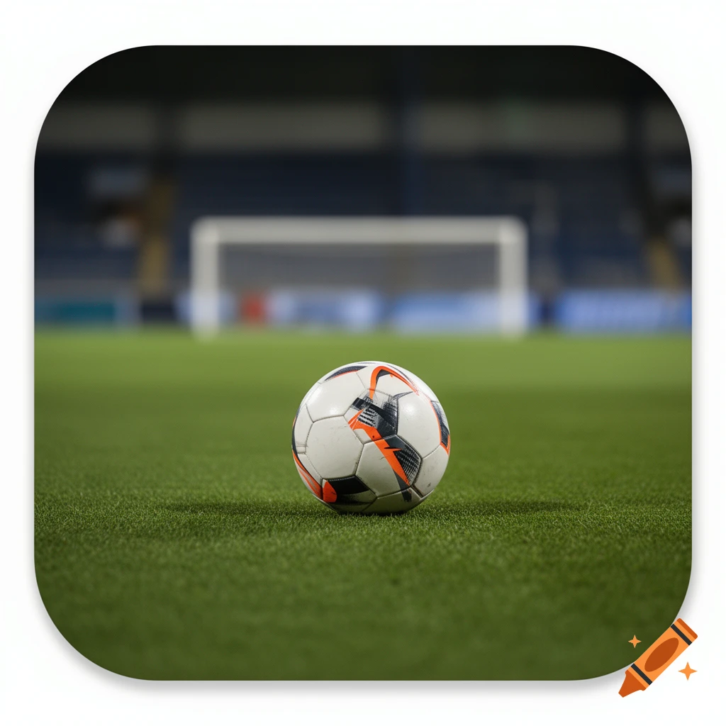 Close-up photorealistic shot of a soccer ball resting on a green turf field with a goal in the background.