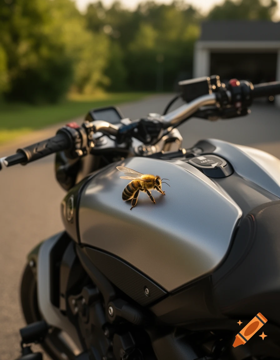 Close-up photorealistic shot of a bee resting on the gas tank of a silver motorcycle outdoors.
