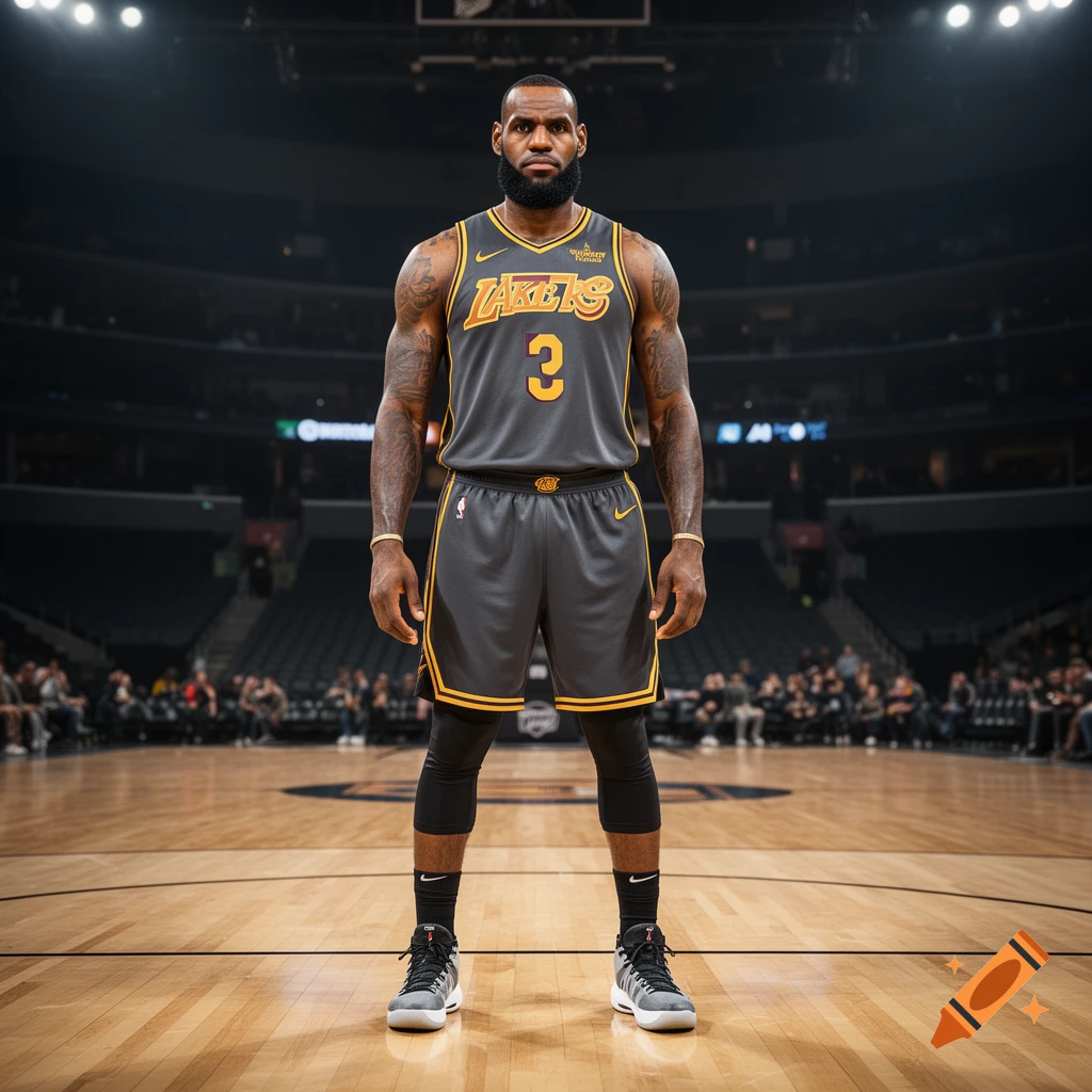 Photorealistic full-body portrait of a basketball player wearing a gray jersey with the number 3 standing on a basketball court.