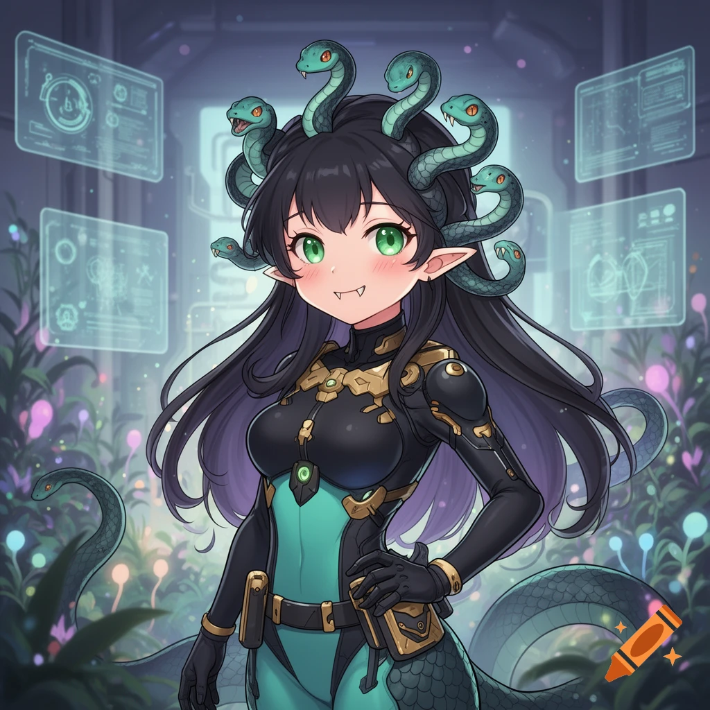 Anime style illustration of a cute Gorgon girl with snakes for hair, wearing a sci-fi bodysuit inside a futuristic lab.