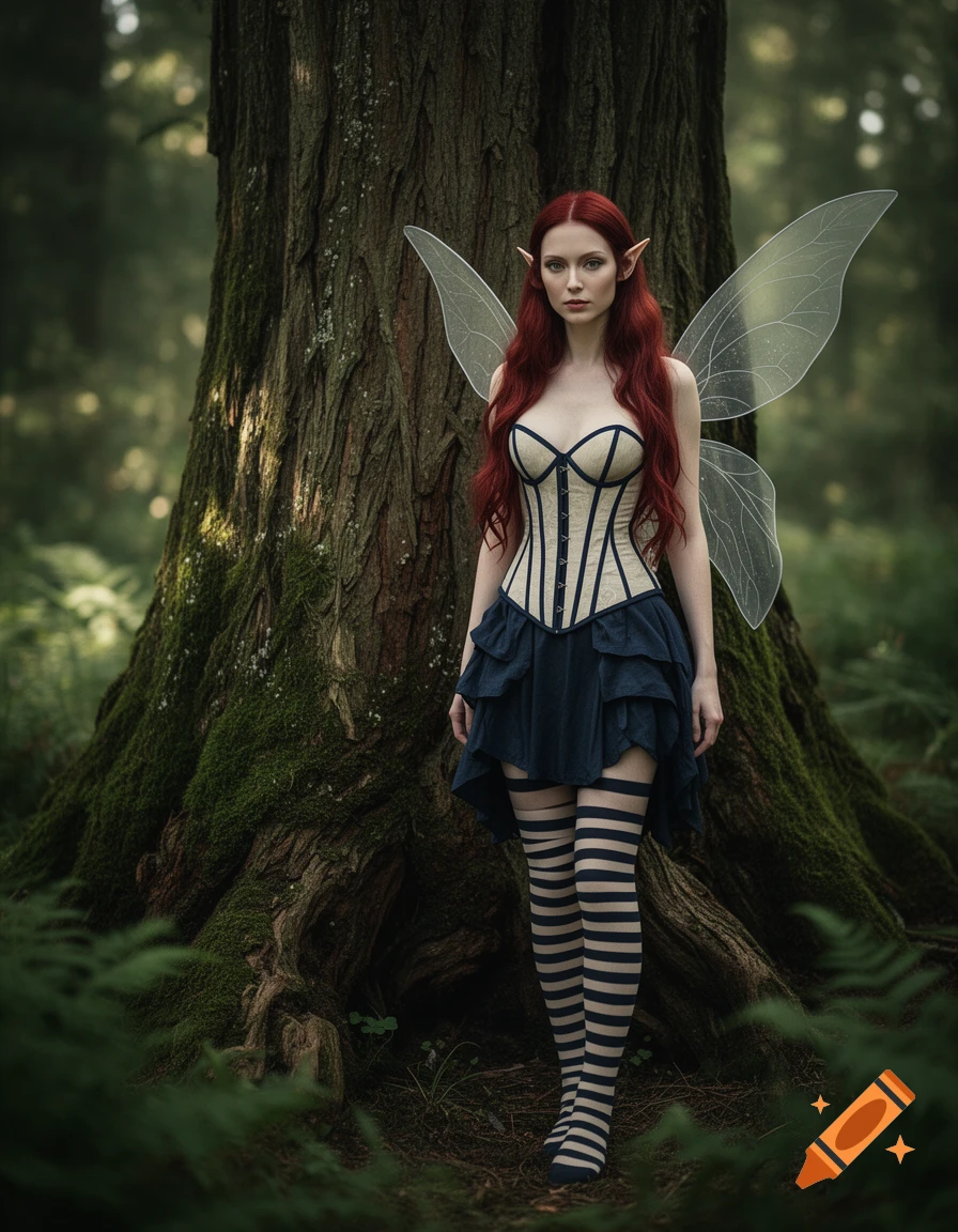 Photorealistic cinematic portrait of an elf-like fairy with crimson hair and translucent wings standing in a mossy forest.