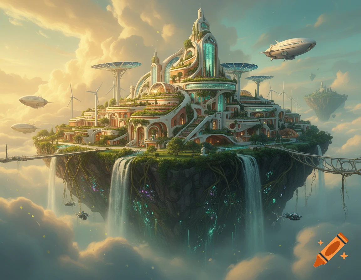 A futuristic solarpunk city on a floating island with waterfalls, airships, and lush greenery in a digital art style.