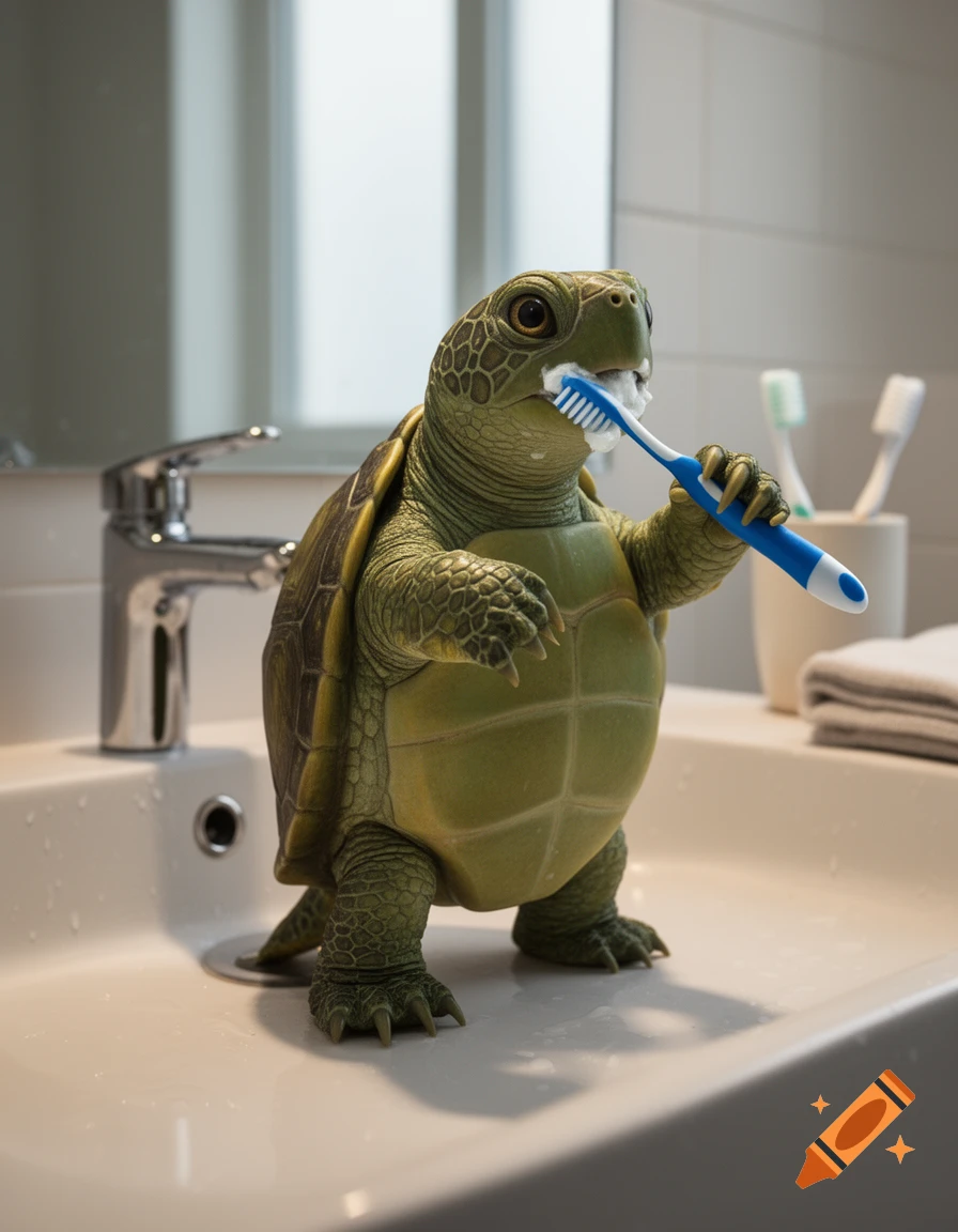 Photorealistic image of a green turtle standing on a bathroom sink, brushing its teeth with a blue and white toothbrush.