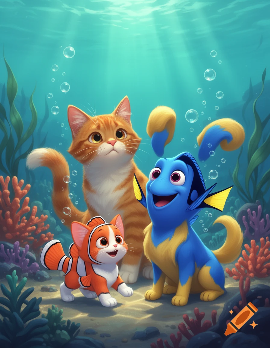 Digital illustration of an orange tabby cat, an orange and white kitten resembling Nemo, and a blue and yellow dog resembling Dory underwater.