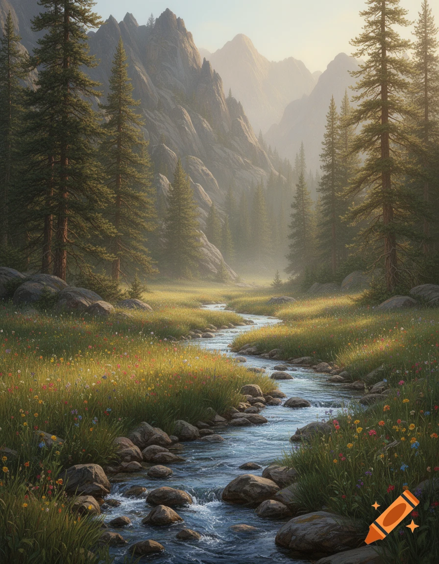 Digital painting of a meandering stream through a grassy valley with pine trees and mountains in the background.