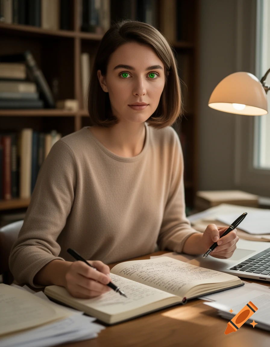 A young woman with green eyes sitting at a desk with an open notebook, writing with a pen in a library setting.