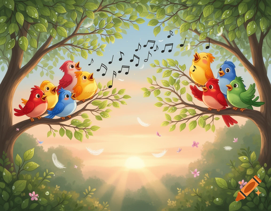 Colorful cartoon birds singing in trees at sunrise.