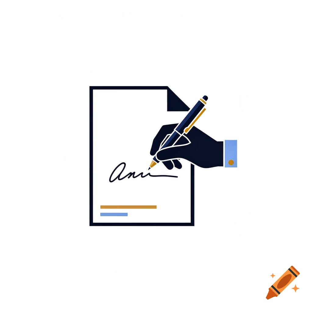 Minimalist vector icon of a hand signing a document with a pen.