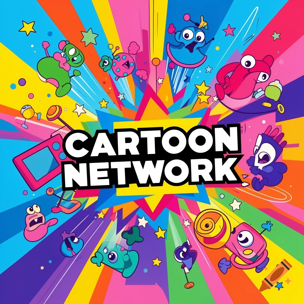 Colorful Cartoon Network logo surrounded by vibrant cartoon alien characters and abstract shapes.