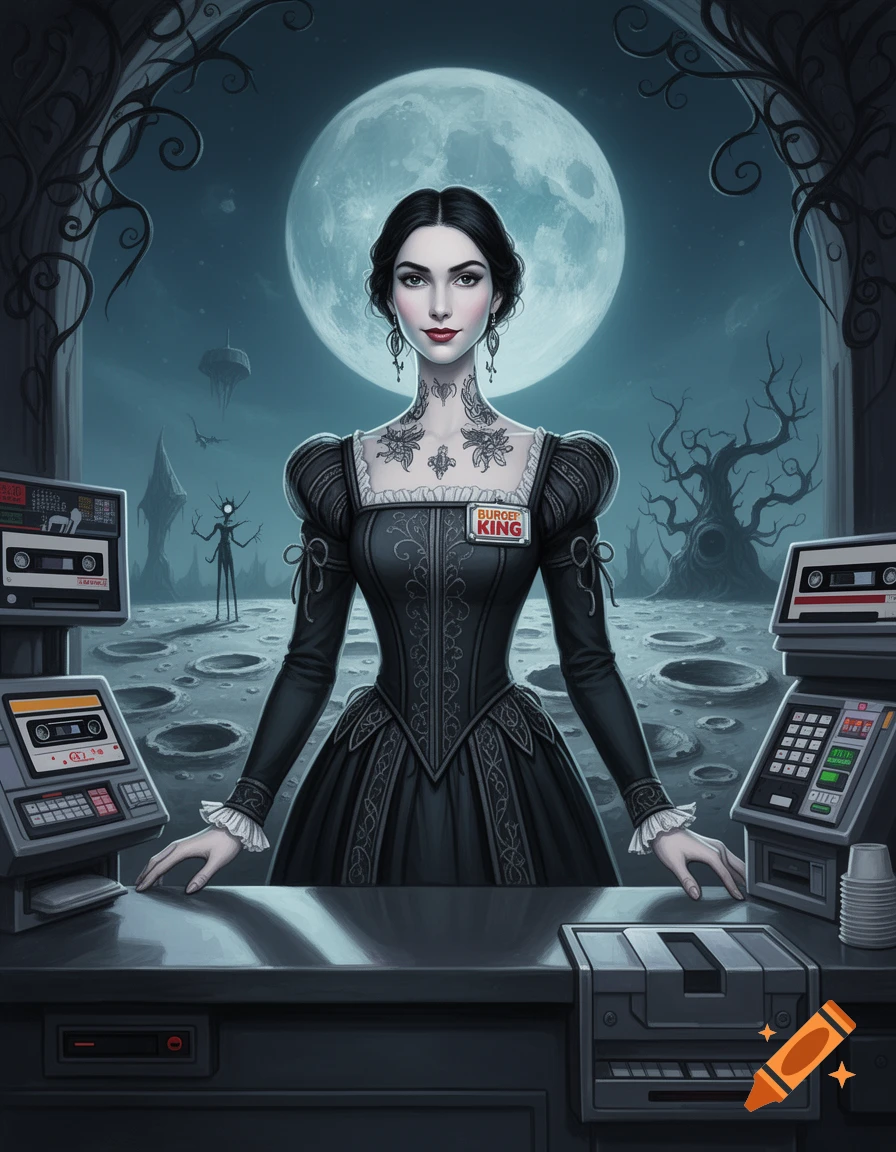 Renaissance painting of a pale female cashier with black hair and neck tattoos standing at a checkout counter on the moon.