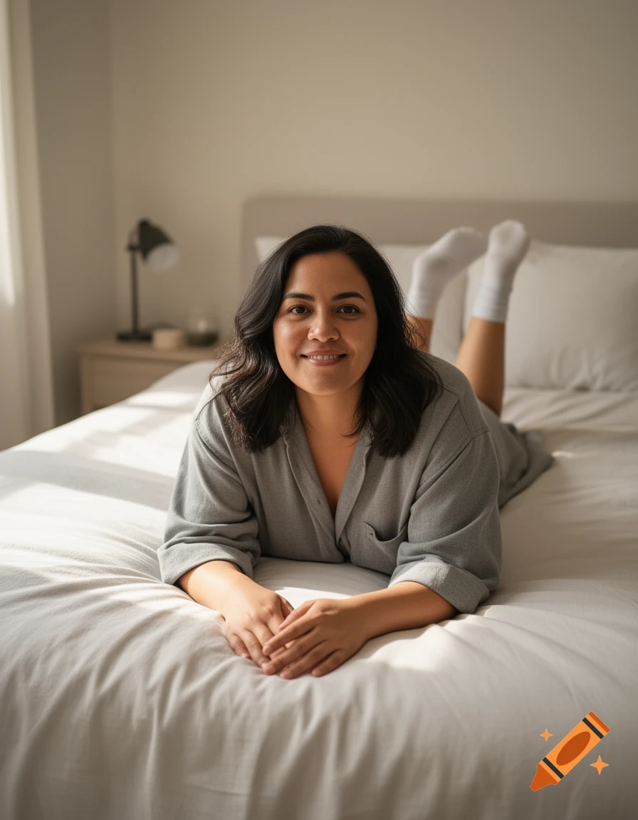 Photorealistic image of a smiling woman lying on her stomach on a bed, wearing a gray shirt and white socks.