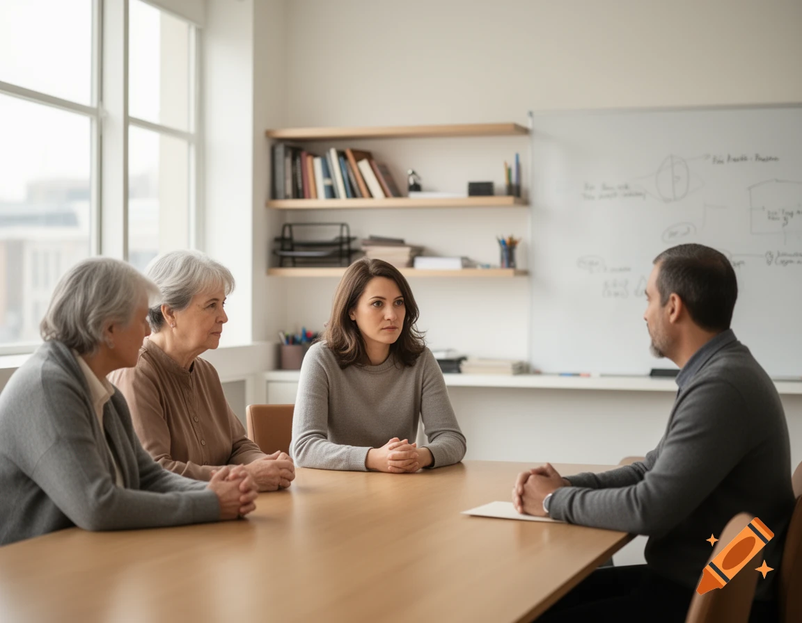 Four people sitting around a wooden table in a bright office having a discussion, photorealistic.