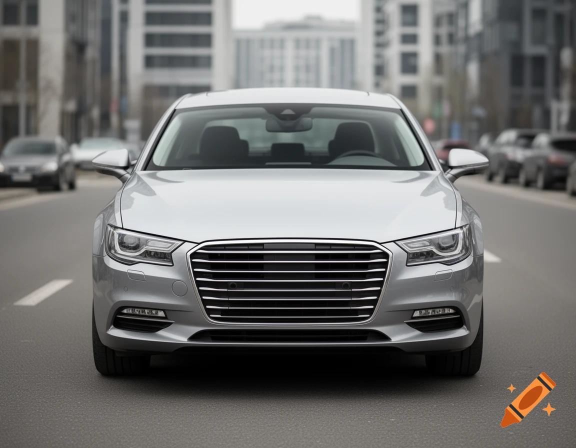 Photorealistic front view of a silver sedan parked on a city street.