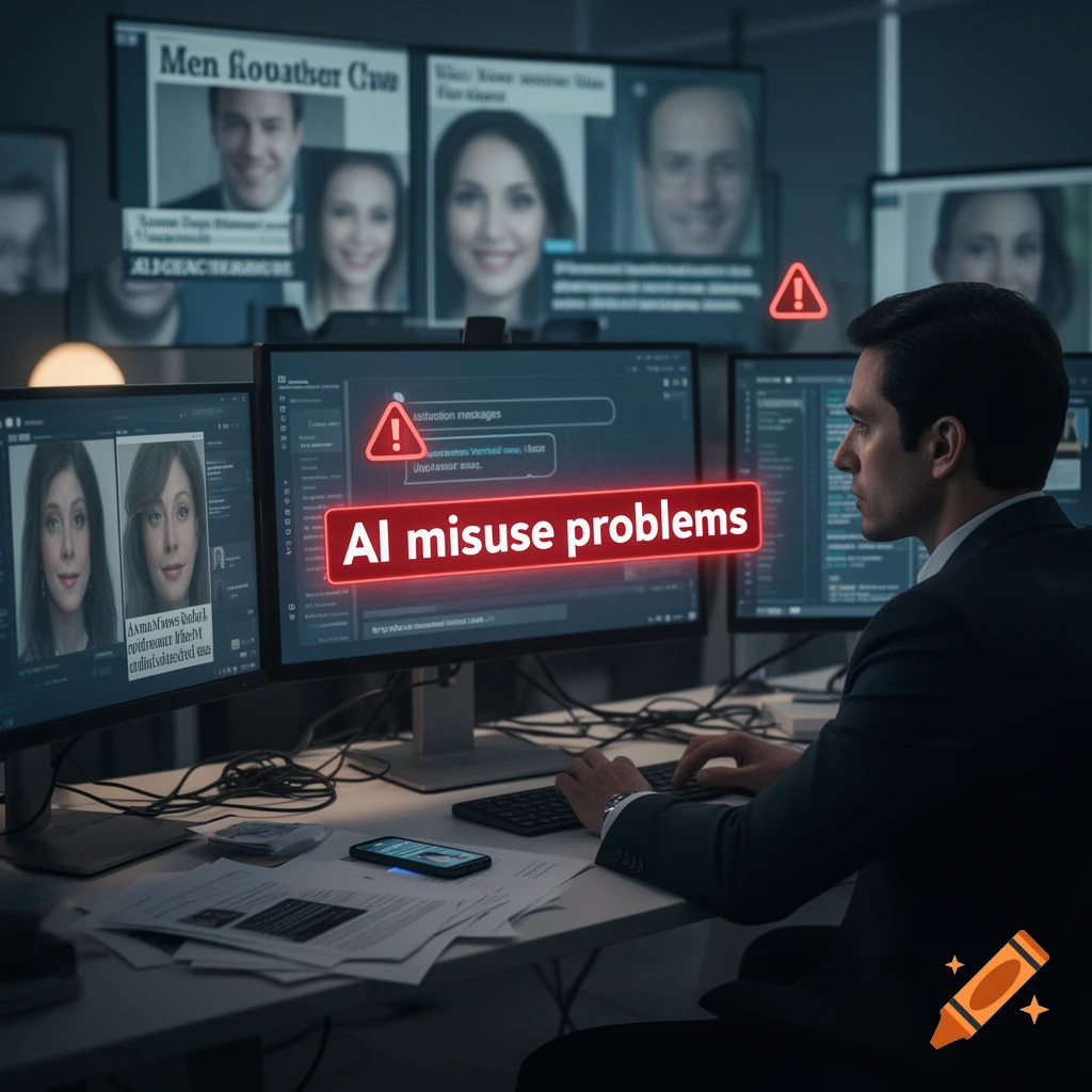 Photorealistic image of a man in a suit working at a desk with multiple monitors displaying facial recognition and the text AI misuse problems.