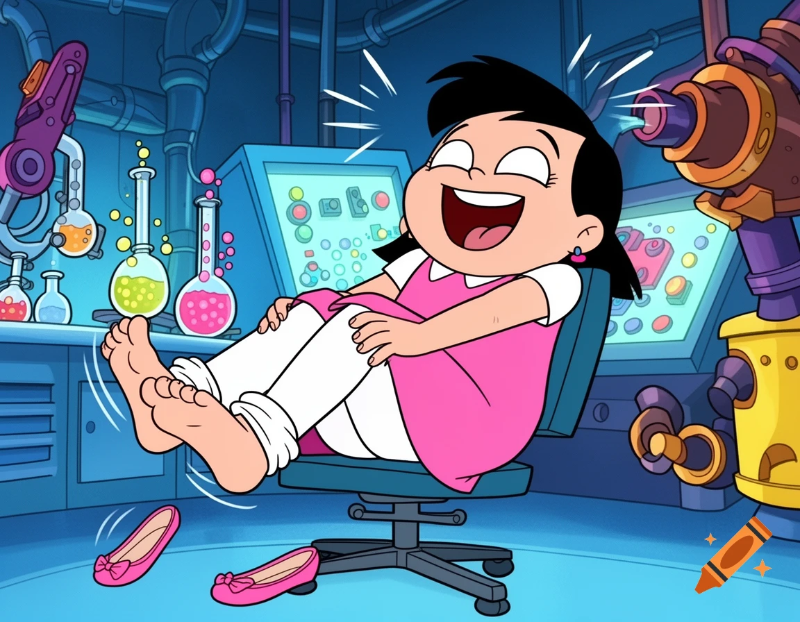 Animated cartoon style of a girl laughing hysterically while sitting in a laboratory chair.