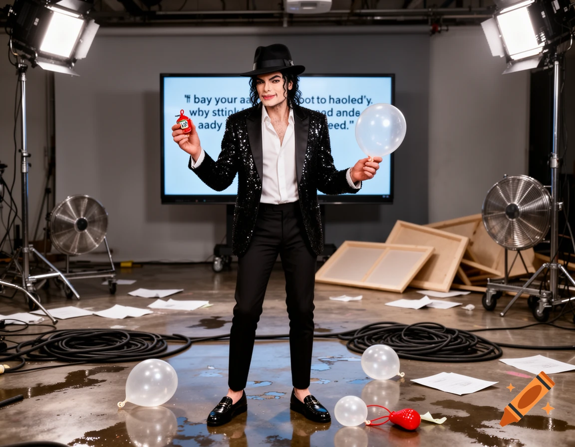 Photorealistic image of Michael Jackson in a studio holding a toy and a balloon, with a screen displaying garbled text behind him.