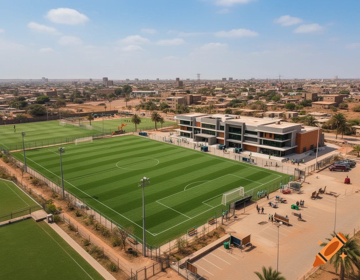Aerial view of a modern soccer complex with multiple green fields and a building in an African town, photorealistic.