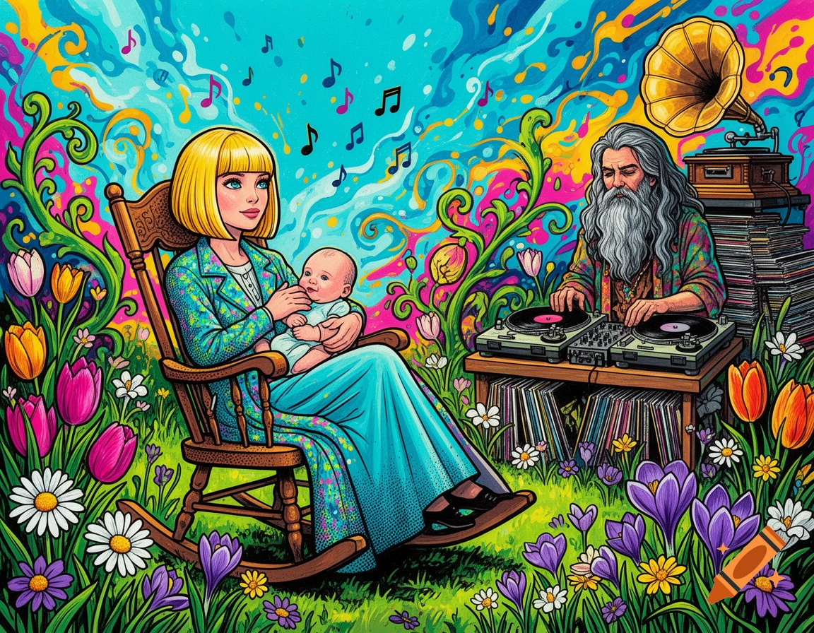 Psychedelic pop art style illustration of a blonde woman holding a baby in a rocking chair, with a DJ hippie man playing records in a garden of blooming tulips.