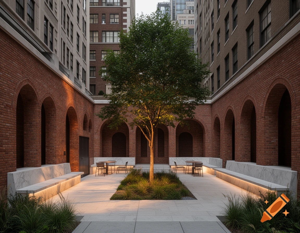 Photorealistic pocket plaza courtyard with brick arcade edges, stone cafe ledges, and a central shade tree under warm evening light.