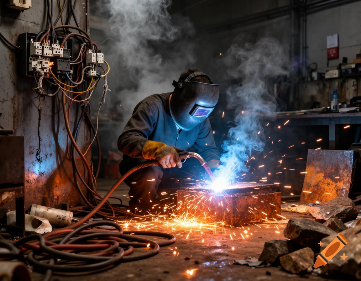 Photorealistic image of a worker wearing a welding mask and protective gear, welding metal in a workshop filled with smoke and sparks.