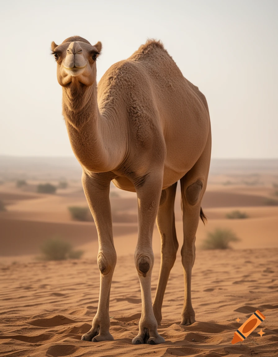 Photorealistic image of a dromedary camel standing in a sandy desert.