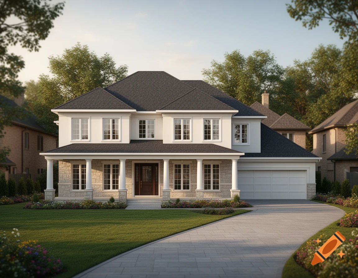 Photorealistic image of a large, modern two-story American villa with a dark roof, white and stone exterior, manicured lawn, and paved driveway.