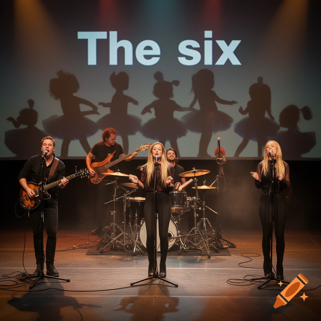 A band performing on stage with singers, guitarists, and a backdrop showing silhouettes and the text 'The six'.